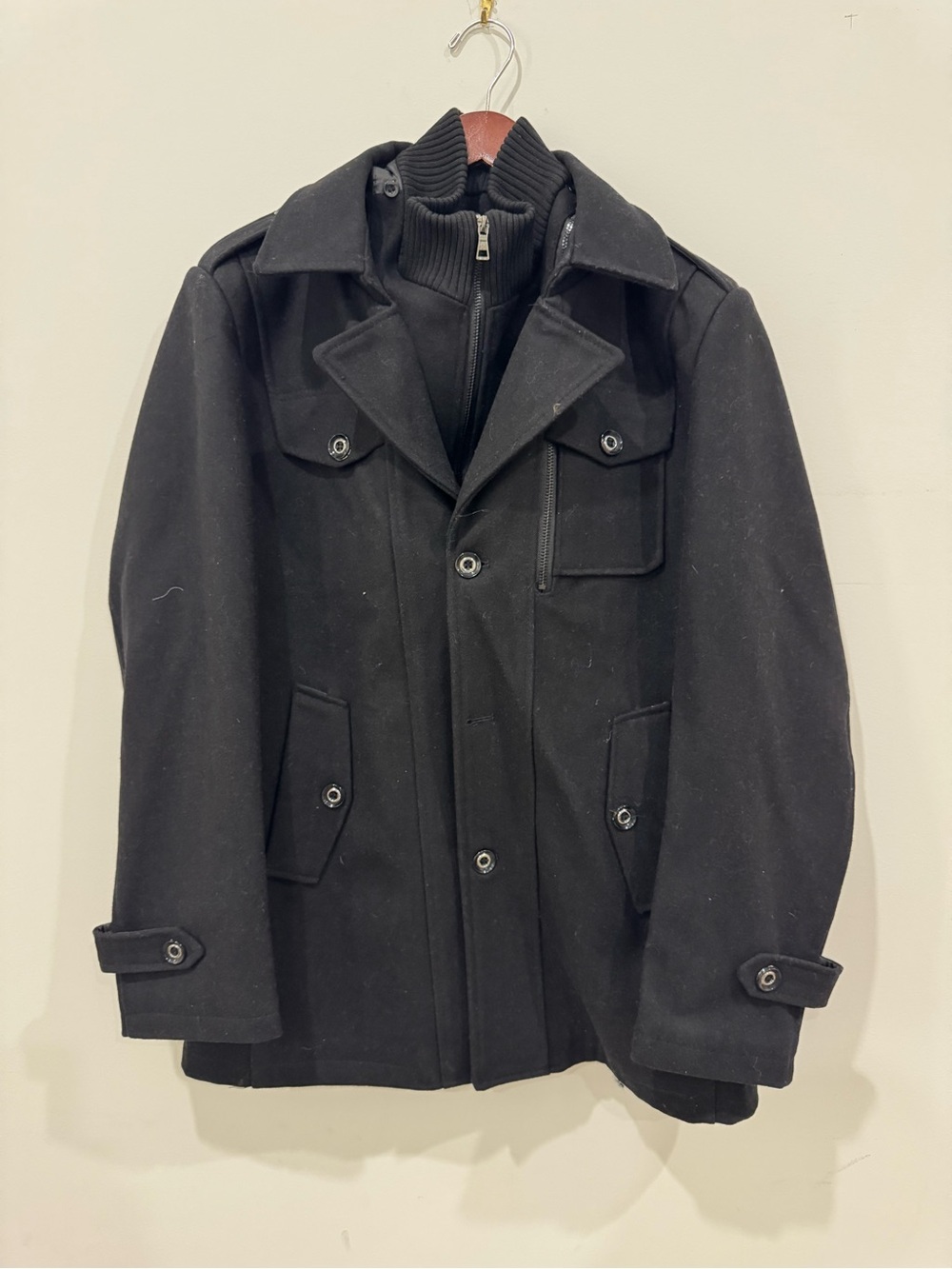Men's Black Wool Blend Military-Style Peacoat